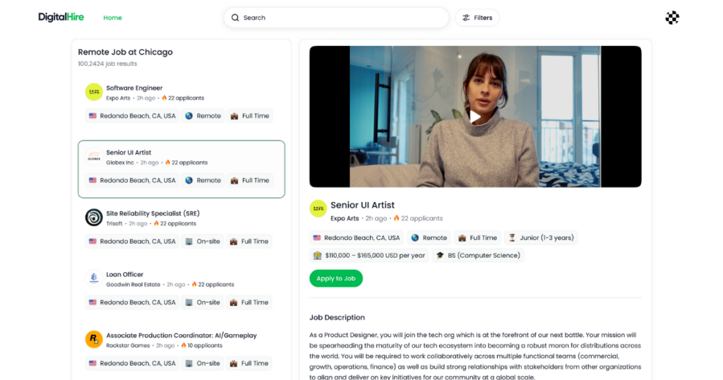 DigitalHire's video job board interface