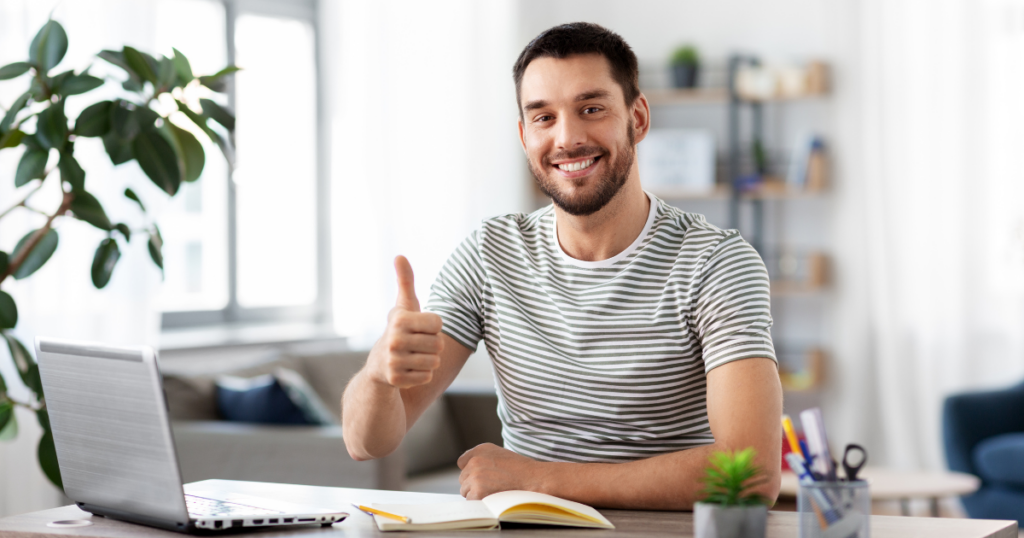 image showing a freelancer at home happy about his own space 